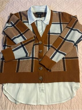 Rachel Zoe Womens Medium Rust Plaid Button Cardigan Sweater Heavy knit fall